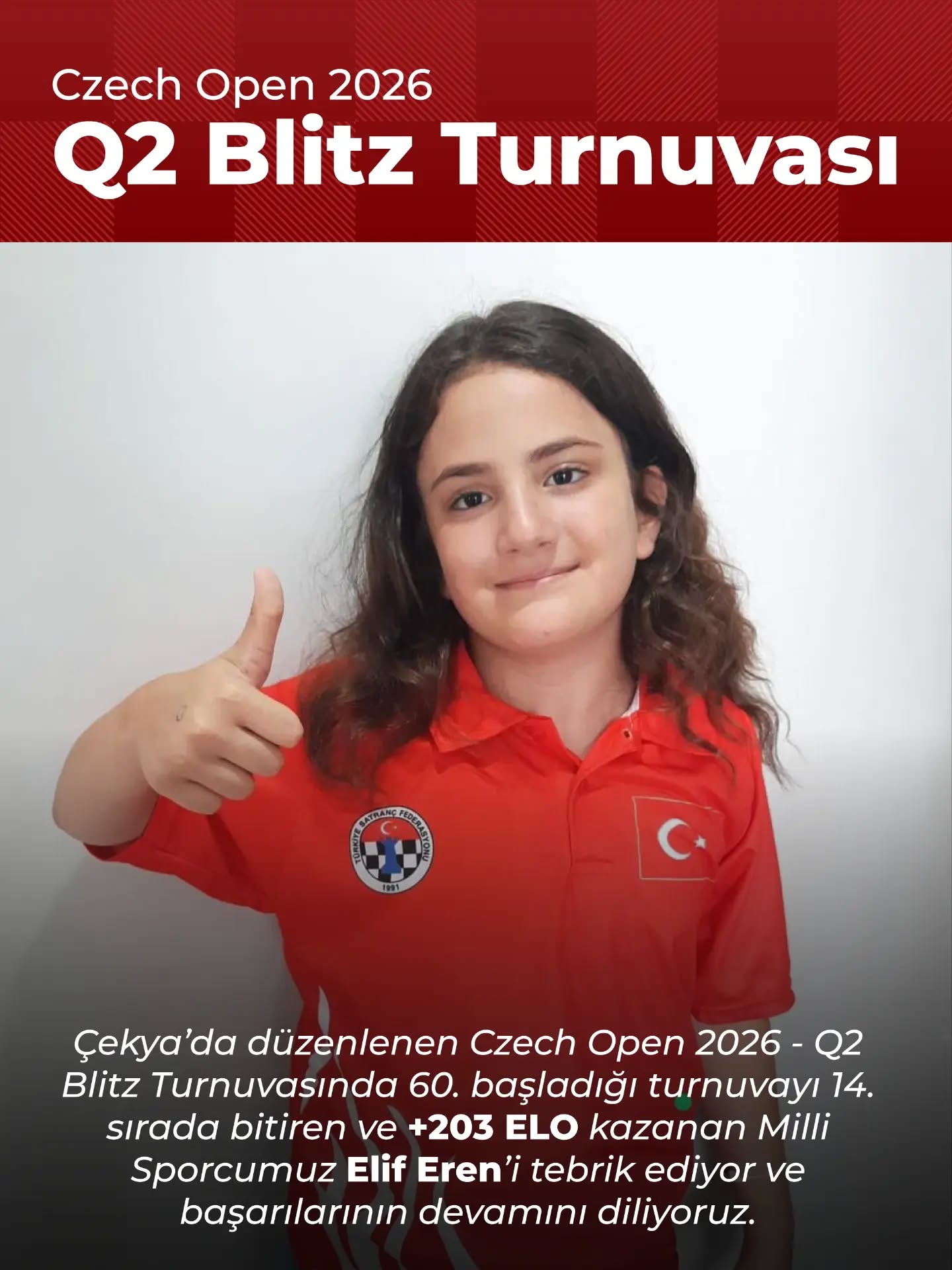 Elif Eren, Czech Open 2026 Q2 Blitz'de 60.'lıktan 14.'lüğe Yükseldi: +203 ELO Kazancı